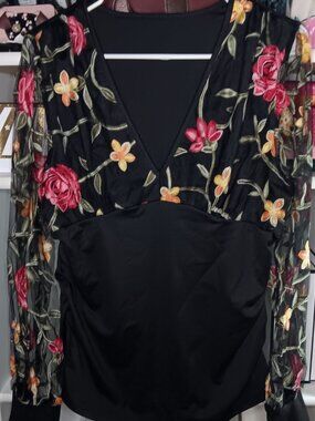 NEW BLACK BLOUSE WITH FLORAL SHEER SLEEVES